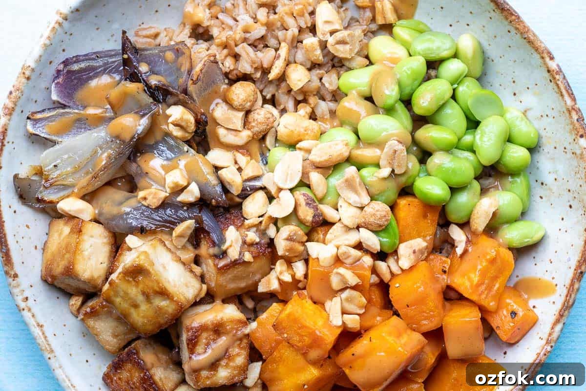 Crispy Tofu Buddha Bowl with Sesame Ginger Dressing 11 close up of tofu buddha bowl with peanut sauce sprinkled with chopped peanuts.