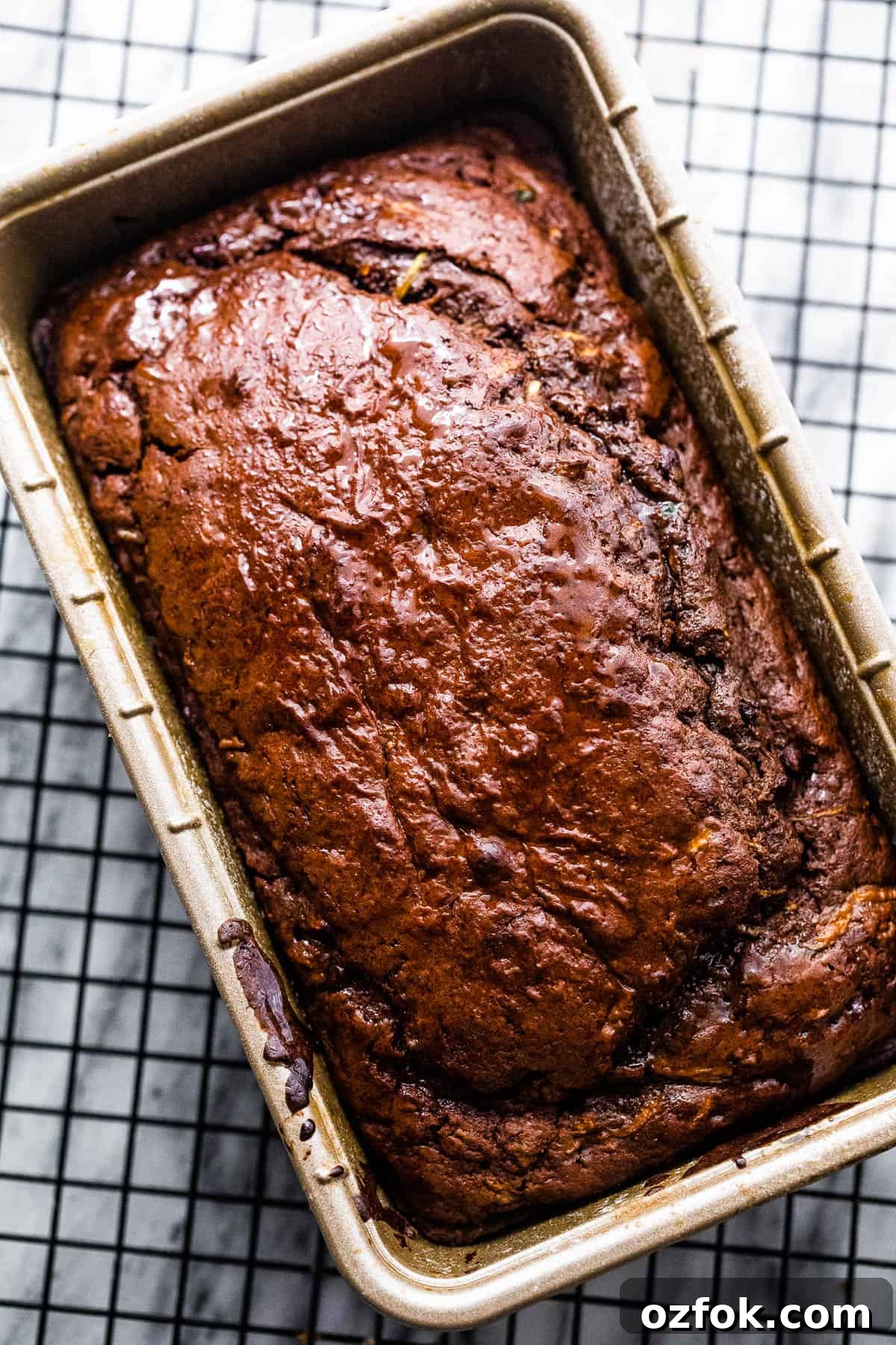 cooked chocolate zucchini bread in a loaf pan