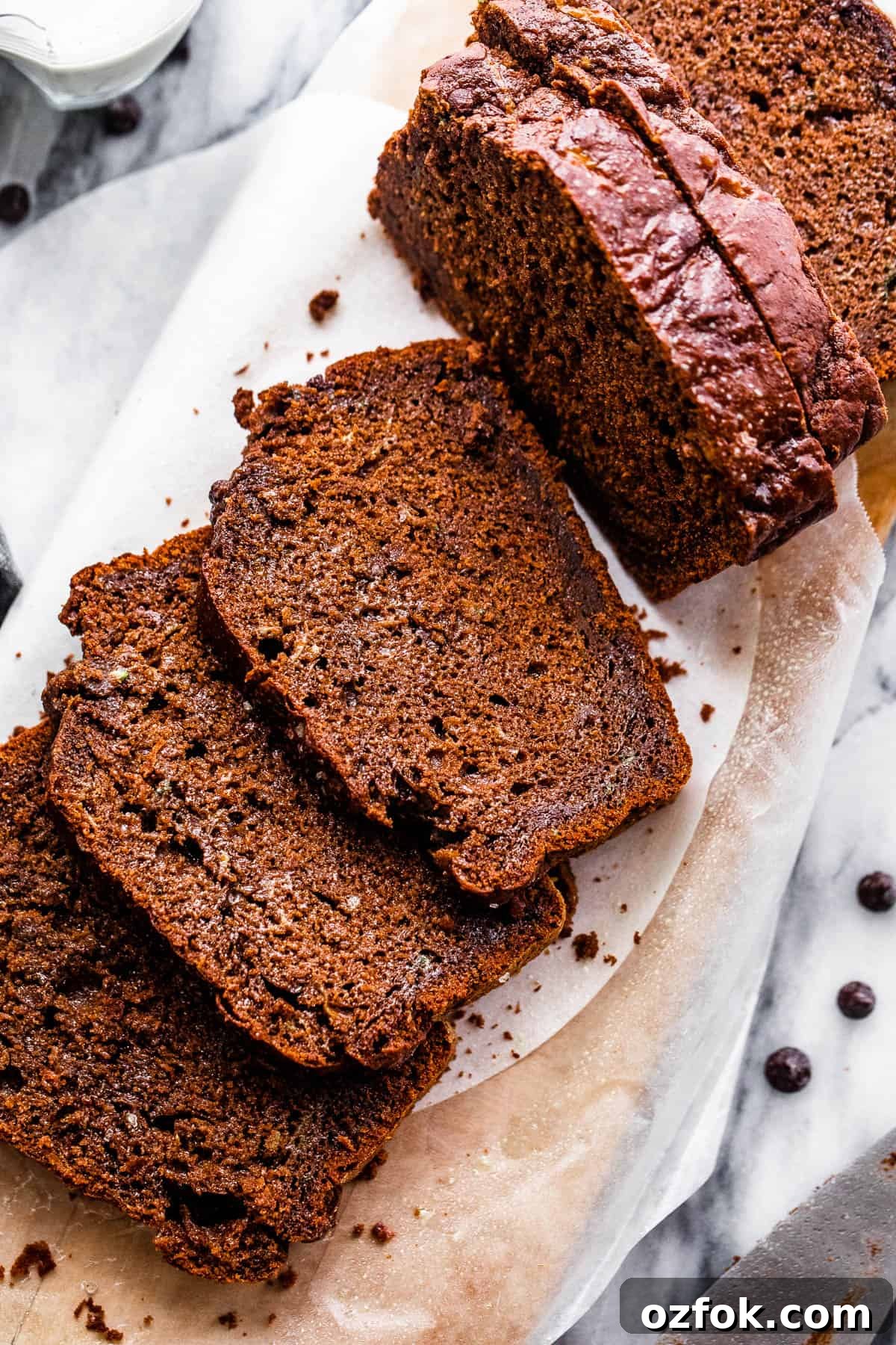 overhead shot of sliced chocolate zucchini bread