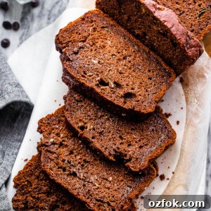 overhead shot of sliced chocolate zucchini bread