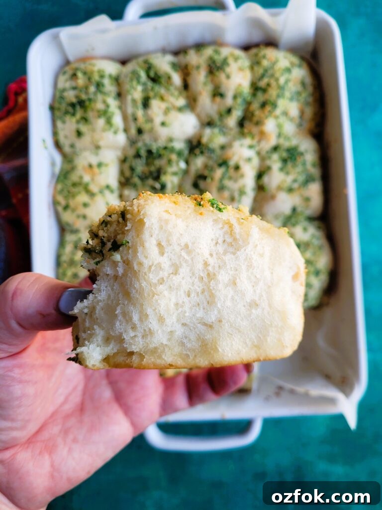 30-Min Garlic Parmesan Dinner Rolls Recipe 2 Close-up of buttery garlic rolls with melted parmesan and parsley