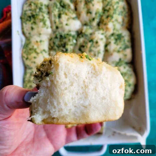 30-Min Garlic Parmesan Dinner Rolls Recipe 8 Close-up of buttery garlic rolls with melted parmesan and parsley