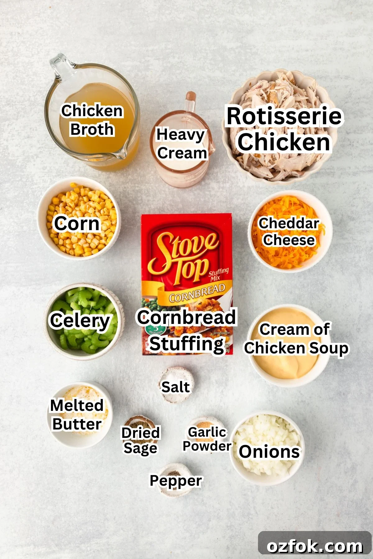Top-down view of ingredients for a Chicken and Stuffing Casserole.