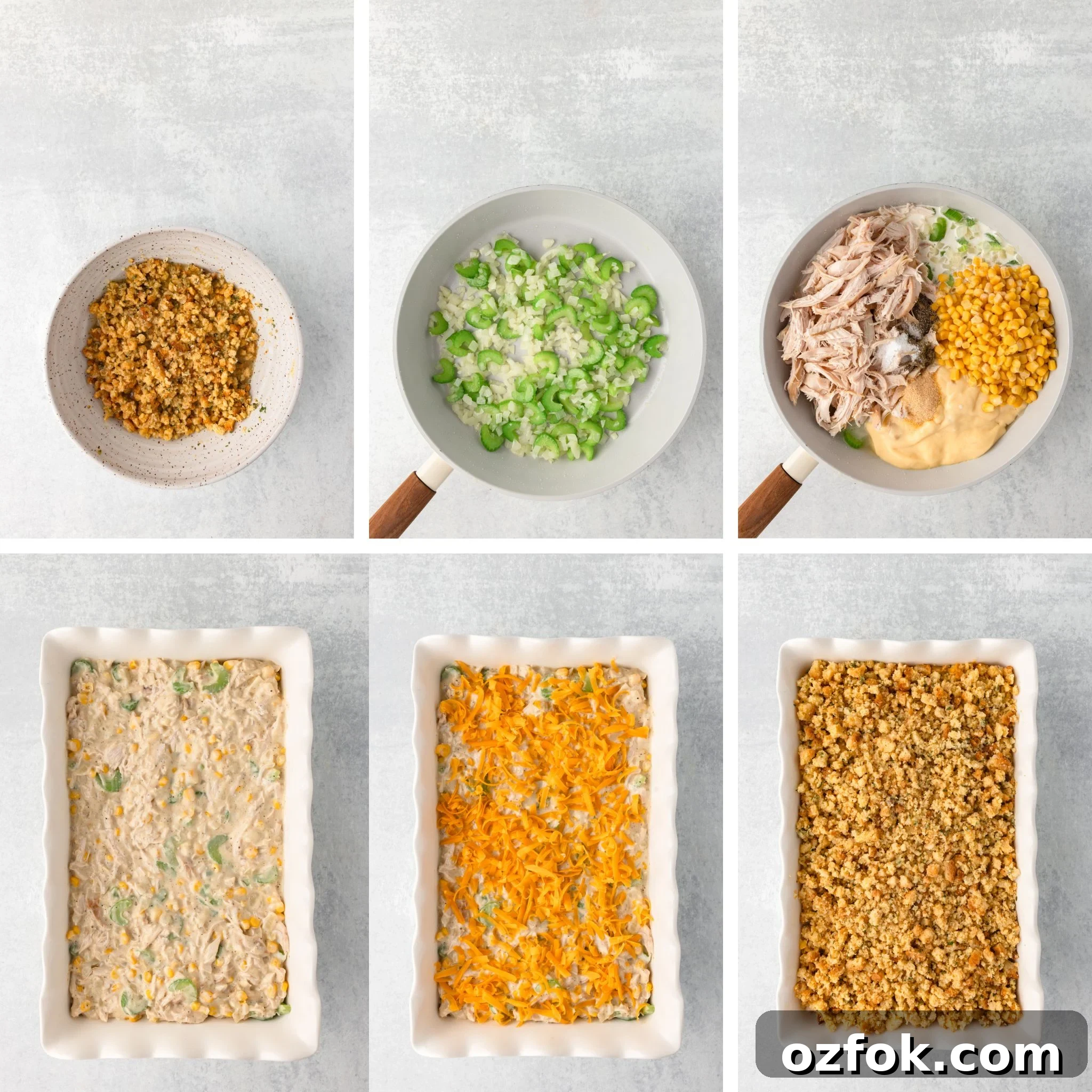 Six-step collage showing the process of making a chicken and stuffing casserole.