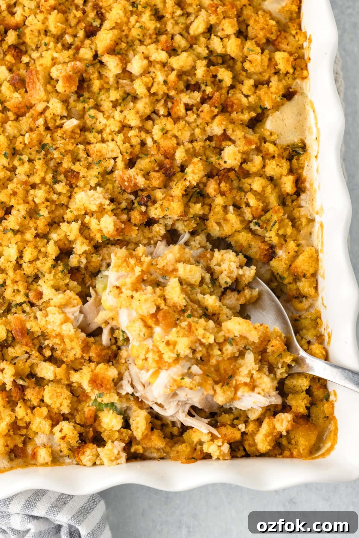 Cheesy Chicken and Classic Stuffing Casserole Recipe 5 A close-up of a Chicken and Stuffing Casserole.