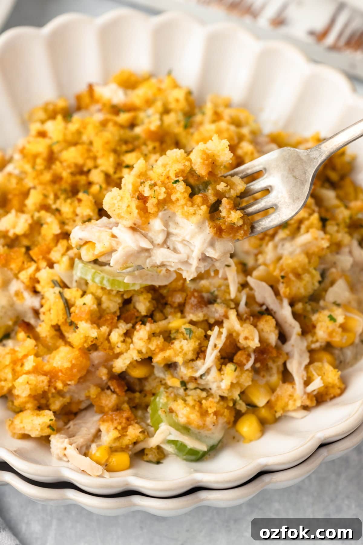 A close-up of a plate with a serving of Chicken and Stuffing Casserole.