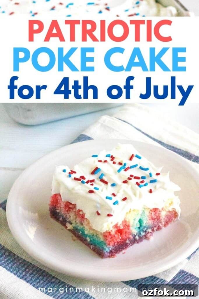Patriotic Red White & Blue Poke Cake Recipe for 4th of July 2 slice of red, white, and blue poke cake on a white plate