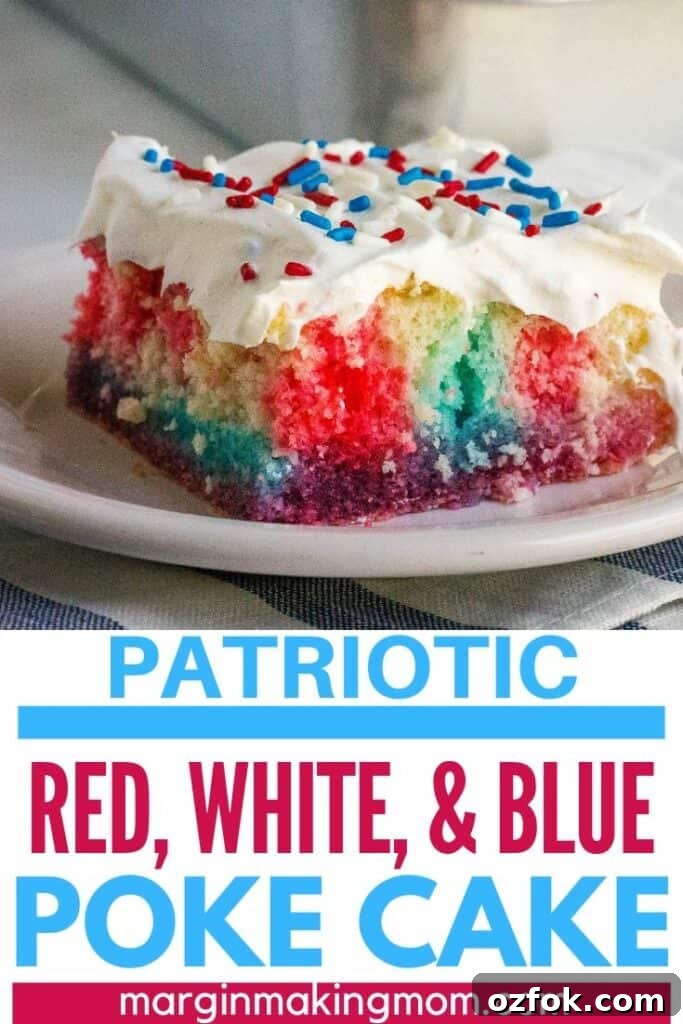 Patriotic Red White & Blue Poke Cake Recipe for 4th of July 10 Square of red, white, and blue Jello poke cake topped with whipped cream, on a white plate
