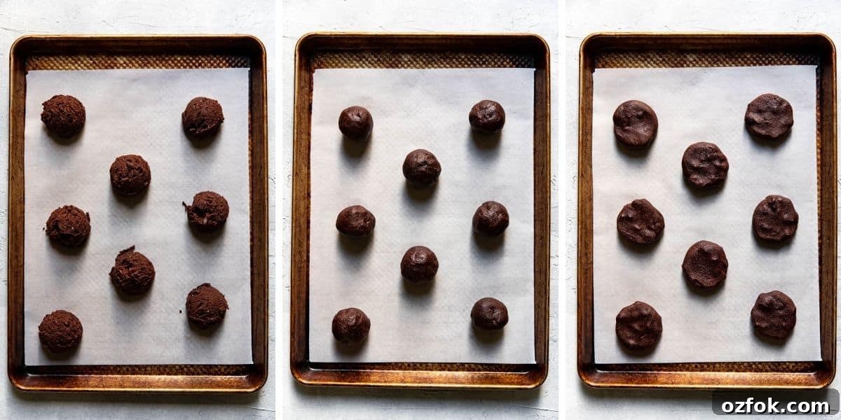 Double Chocolate Cookie Recipe: Rich, Chewy & Decadent 7 Collage of chocolate cookings being scooped and rolled all on a baking sheet before baking.
