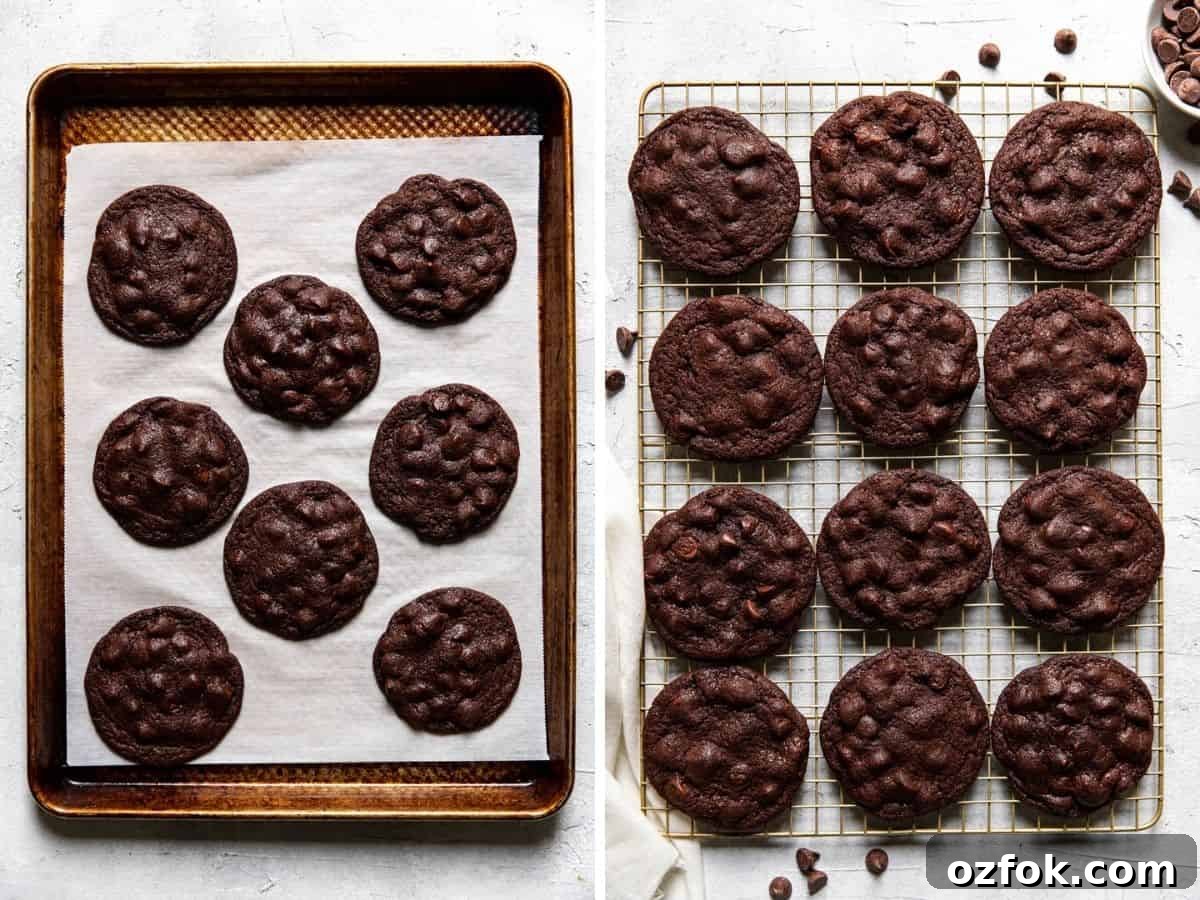 Double Chocolate Cookie Recipe: Rich, Chewy & Decadent 8 collage of chocolate cookies after being baked then on a wire cooling rack.
