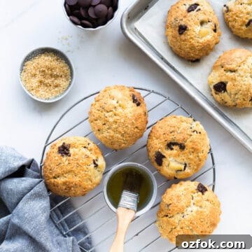 Chocolate Pear Scones: Flaky Scones with Poached Pear Pieces 5 Pear chocolate scones brushed with butter and sprinkled with turbinado