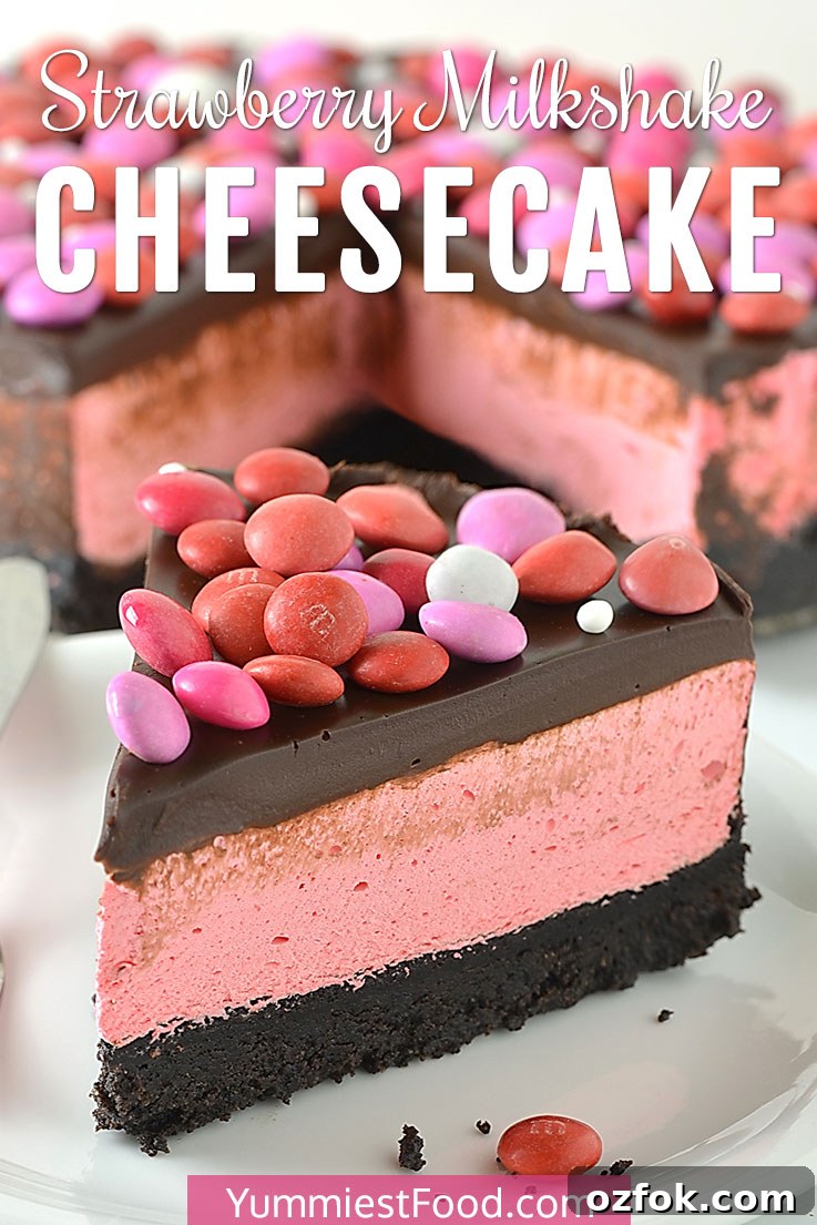 No-Bake Strawberry Milkshake Cheesecake Recipe 2 No Bake Strawberry Milkshake Cheesecake is creamy, smooth, bursting with strawberry flavor cheesecake with festive M&M's worthy of any occasion! This gorgeous pink beauty is the perfect choice of cake for Valentine’s Day!