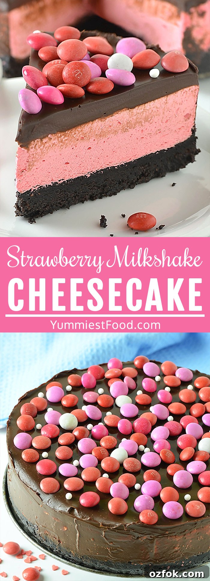 No-Bake Strawberry Milkshake Cheesecake Recipe 9 No Bake Strawberry Milkshake Cheesecake is creamy, smooth, bursting with strawberry flavor cheesecake with festive M&M's worthy of any occasion! This gorgeous pink beauty is the perfect choice of cake for Valentine’s Day!