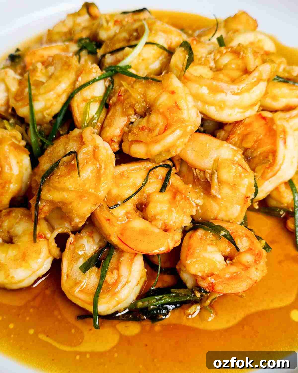 Chinese-Style Prawn Stir-Fry with Ginger and Spring Onions 12 Close up of cooked Chinese prawns stir fry from a side angle