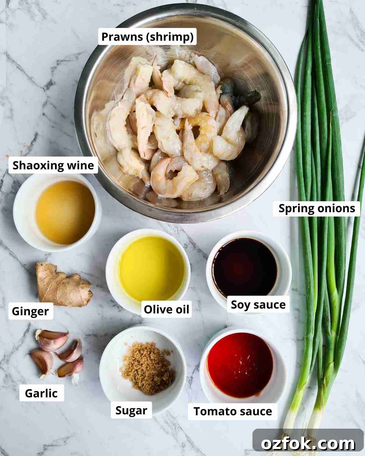 Chinese-Style Prawn Stir-Fry with Ginger and Spring Onions 3 Ingredients required to make Chinese prawn stir fry with each ingredient labeled