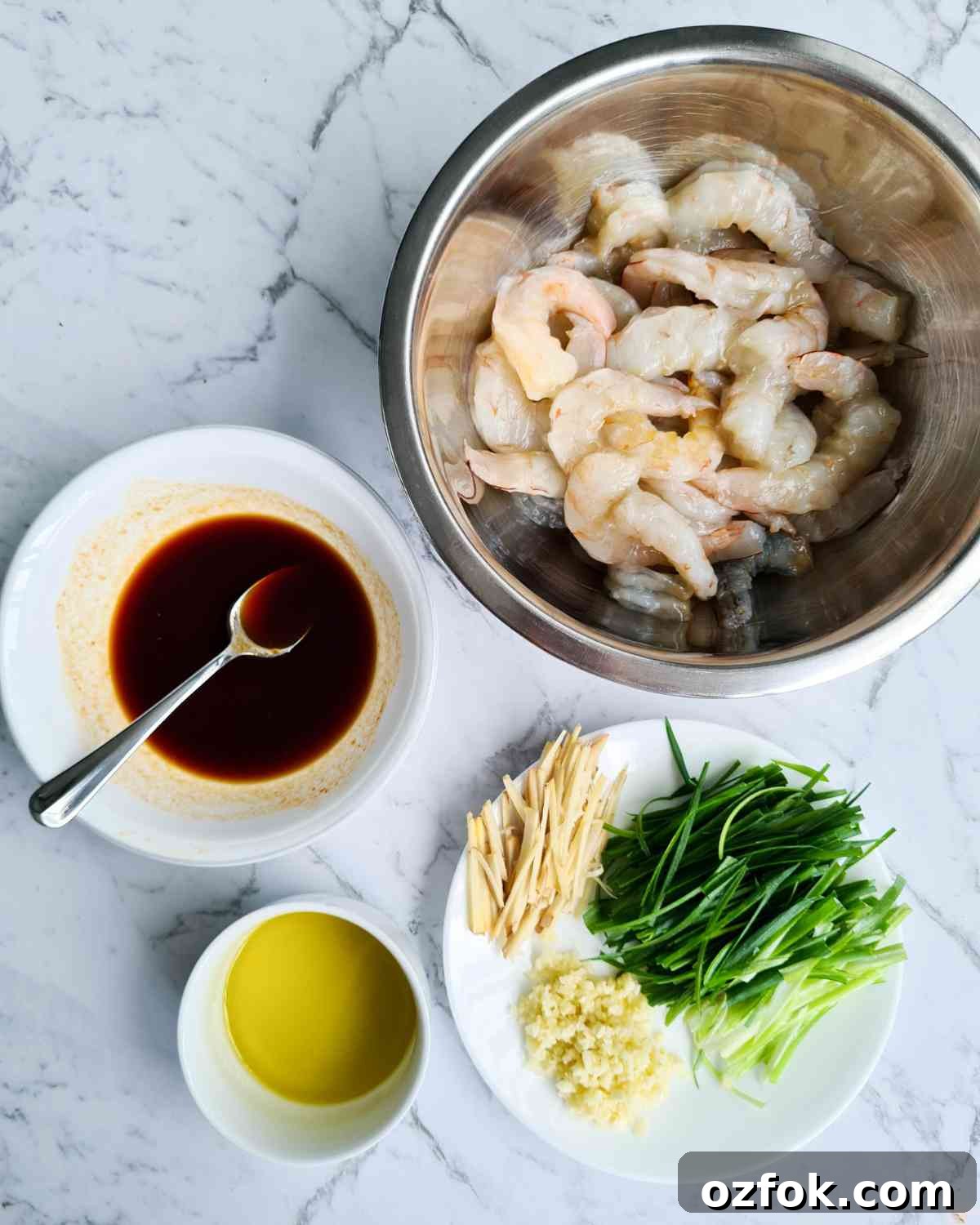 Chinese-Style Prawn Stir-Fry with Ginger and Spring Onions 5 Prepared ingredients required to make Chinese prawn stir fry