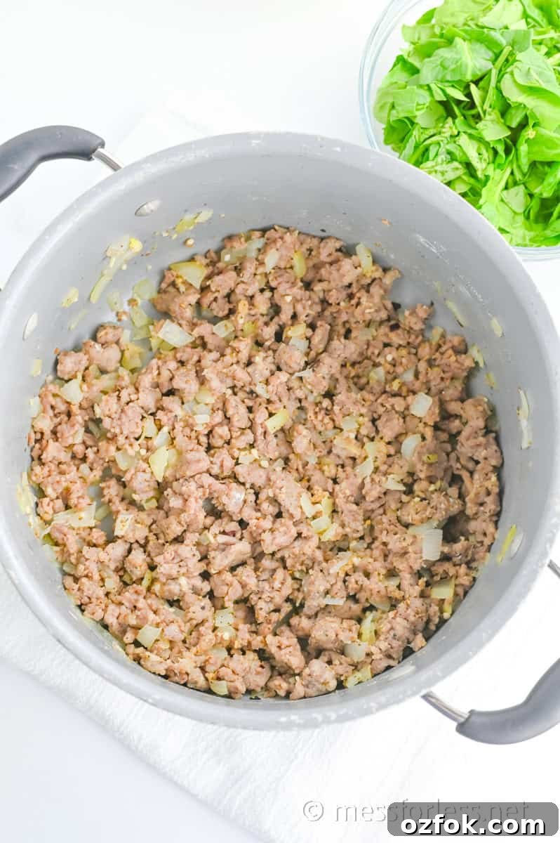 Italian Sausage Tortellini Soup: Hearty Weeknight Recipe 5 ground turkey and onion in bottom of stock pot