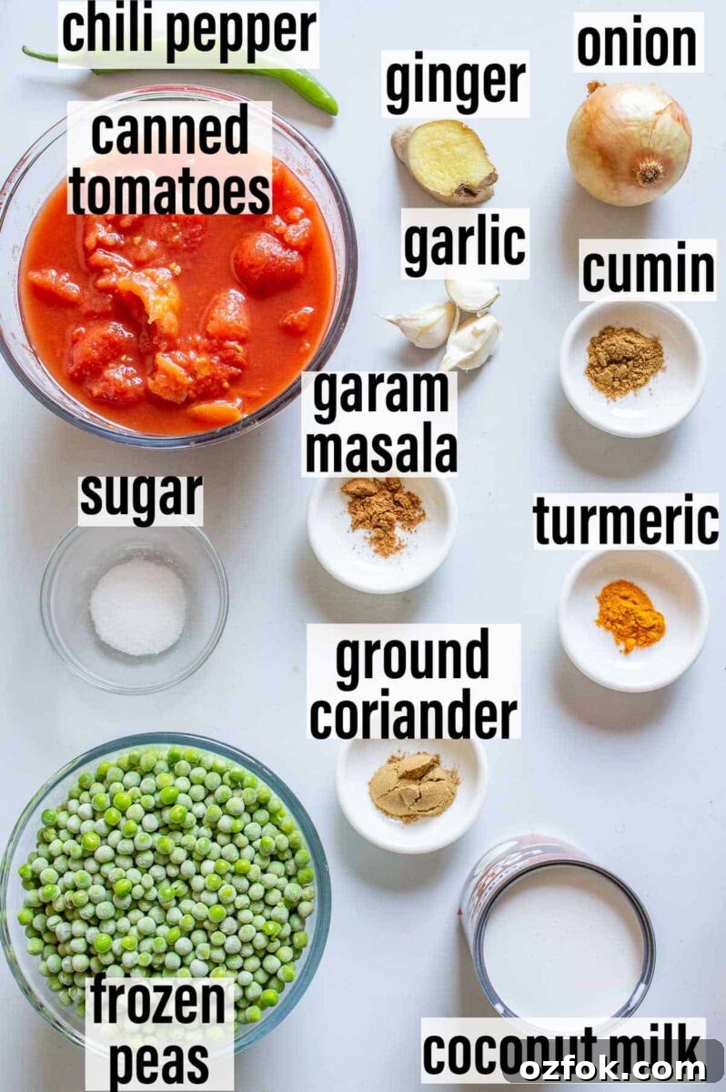Quick and Flavorful Pea Curry Recipe for Weeknight Meals 3 Labelled ingredients including chili pepper, ginger, peas, coconut milk etc.