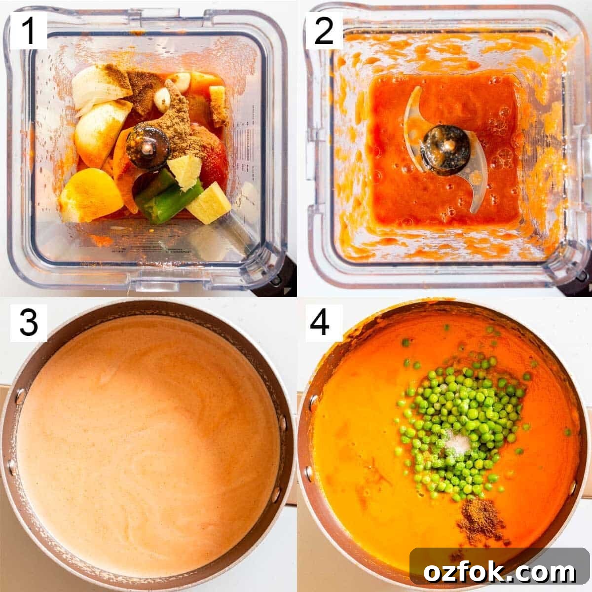 Quick and Flavorful Pea Curry Recipe for Weeknight Meals 5 Collage showing onions and ginger and tomatoes in a blender, then blended, a white creamu sauce in a pot, then a deep orange one with peas.
