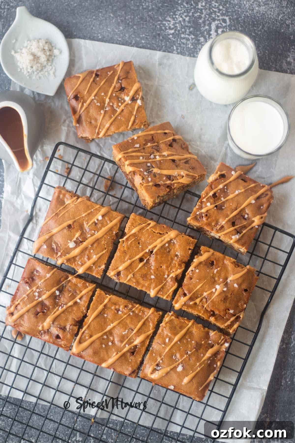 Eggless Butterscotch Blondie Recipe — Moist, Chewy Bars 8 blondie sliced into square shape placed on a wire rack