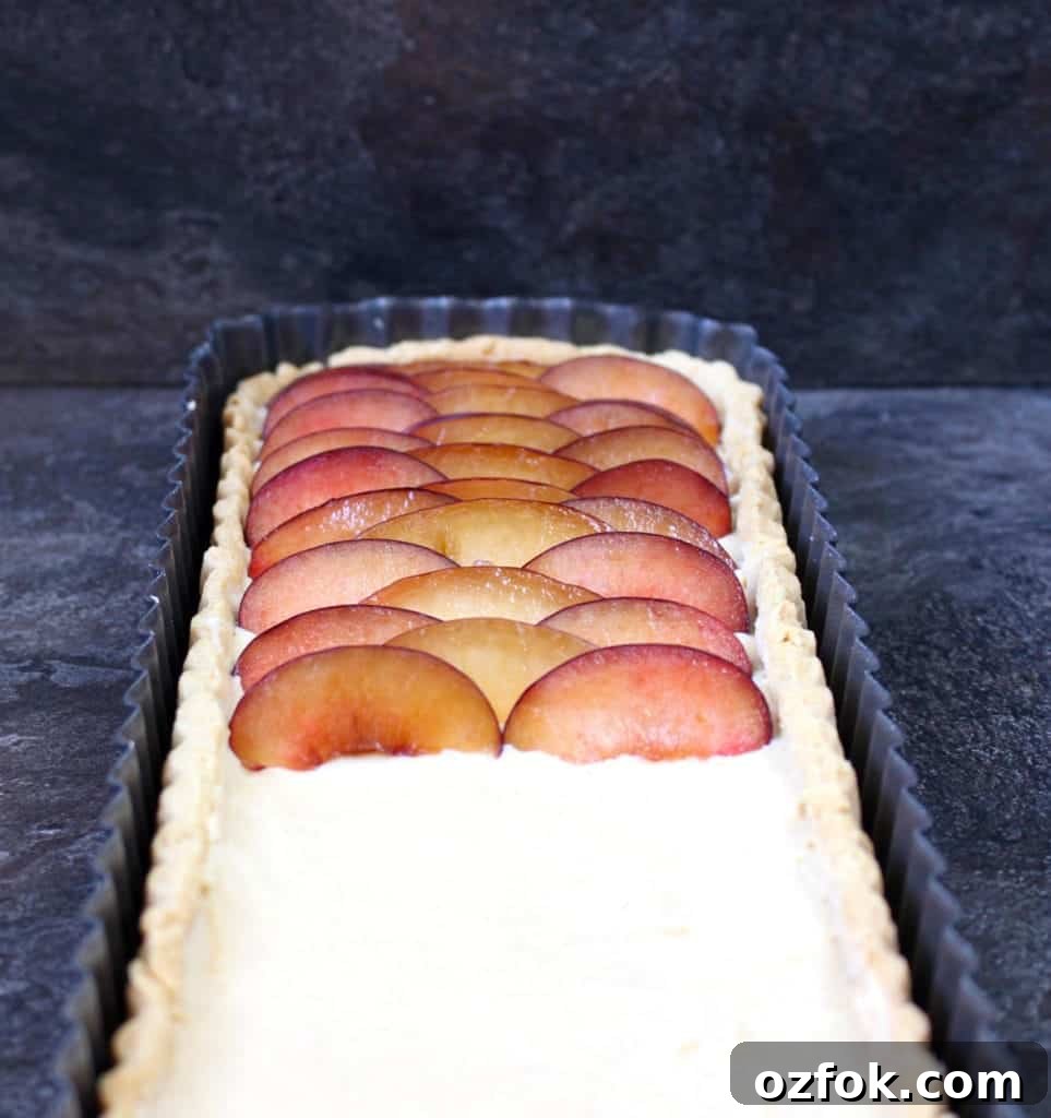 Half of the plums placed over the pastry cream