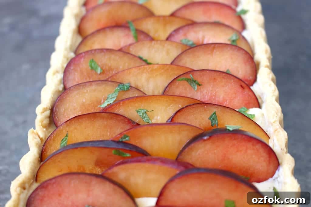 Close up on the fruits assembled over the tart and topped with chopped mint leaves