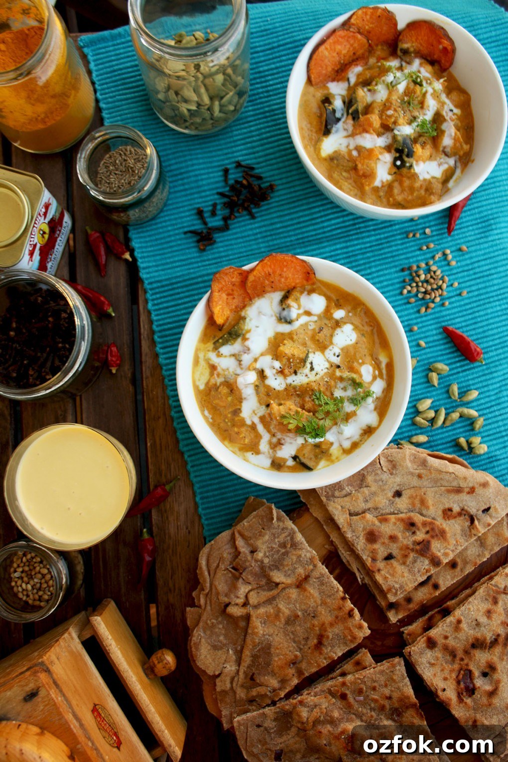 Eggplant Sweet Potato Curry in Bowls with Paratha