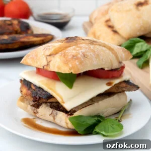 Delicious grilled chicken sandwich with cheese, tomato, and basil on a toasted bun.