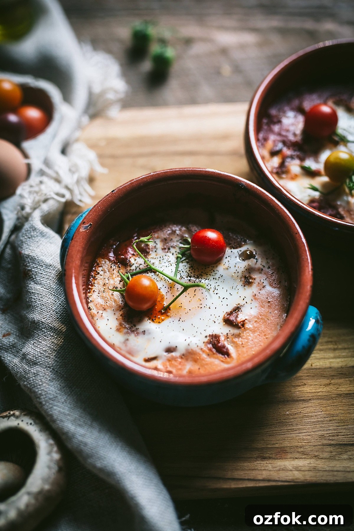 backlit shot of a small turquoise ceramic crock full of shakshuka for one and garnished with cherry tomatoes