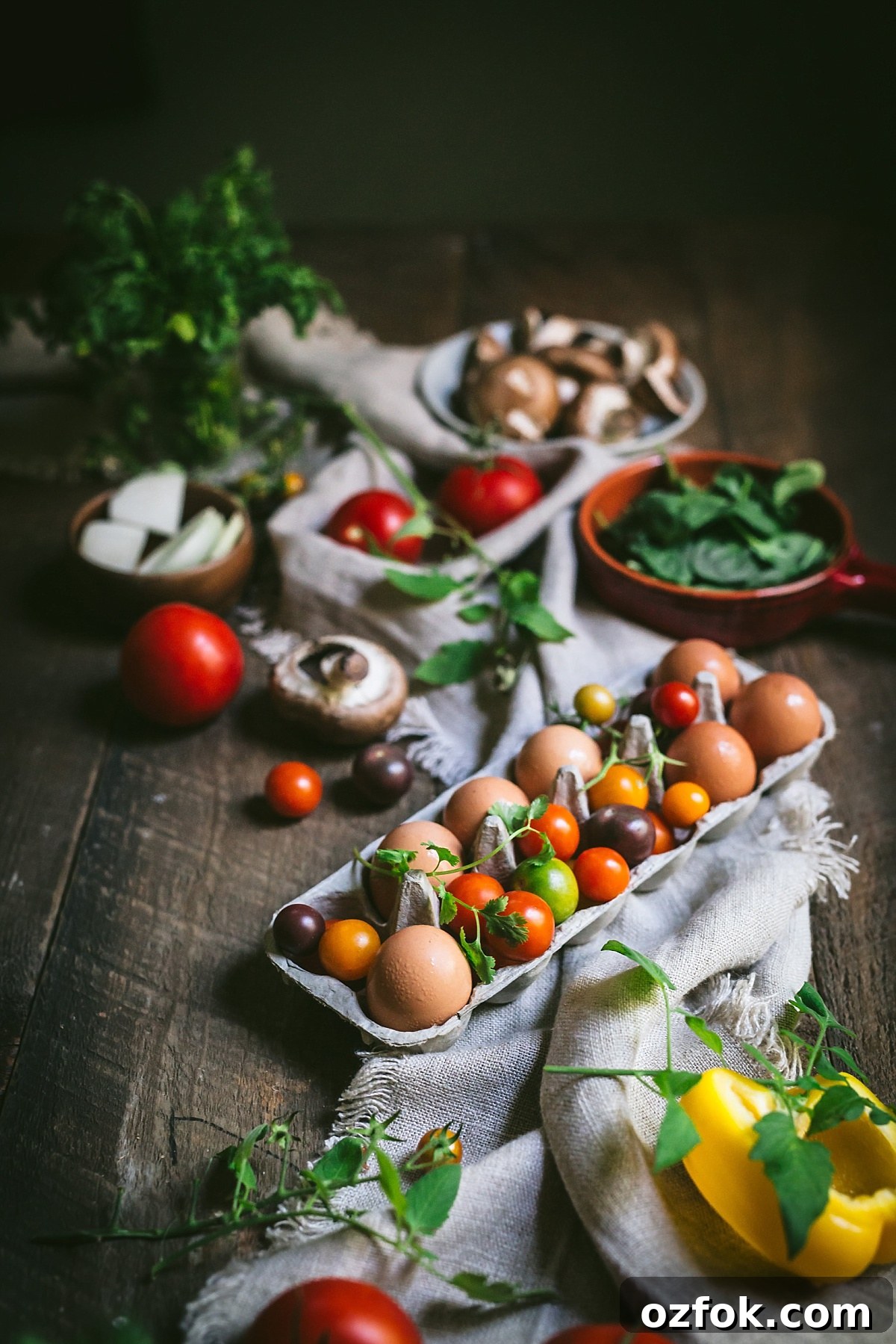 carefully styled image of fresh brown eggs, multicolored tomatoes, fresh herbs, mushrooms, and bell peppers for shakshuka