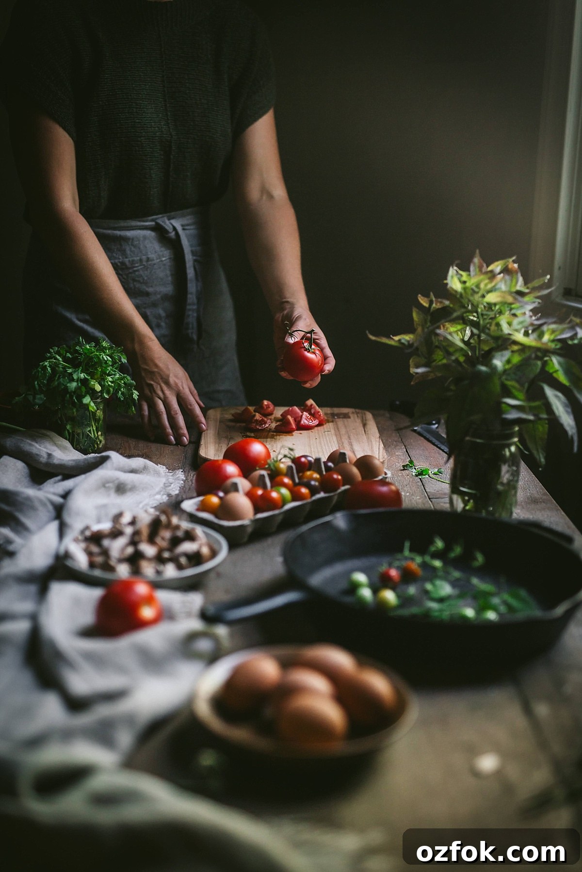 eggs and pan with colorful tomatoes in foreground while hand chops tomatoes in dark and moody background