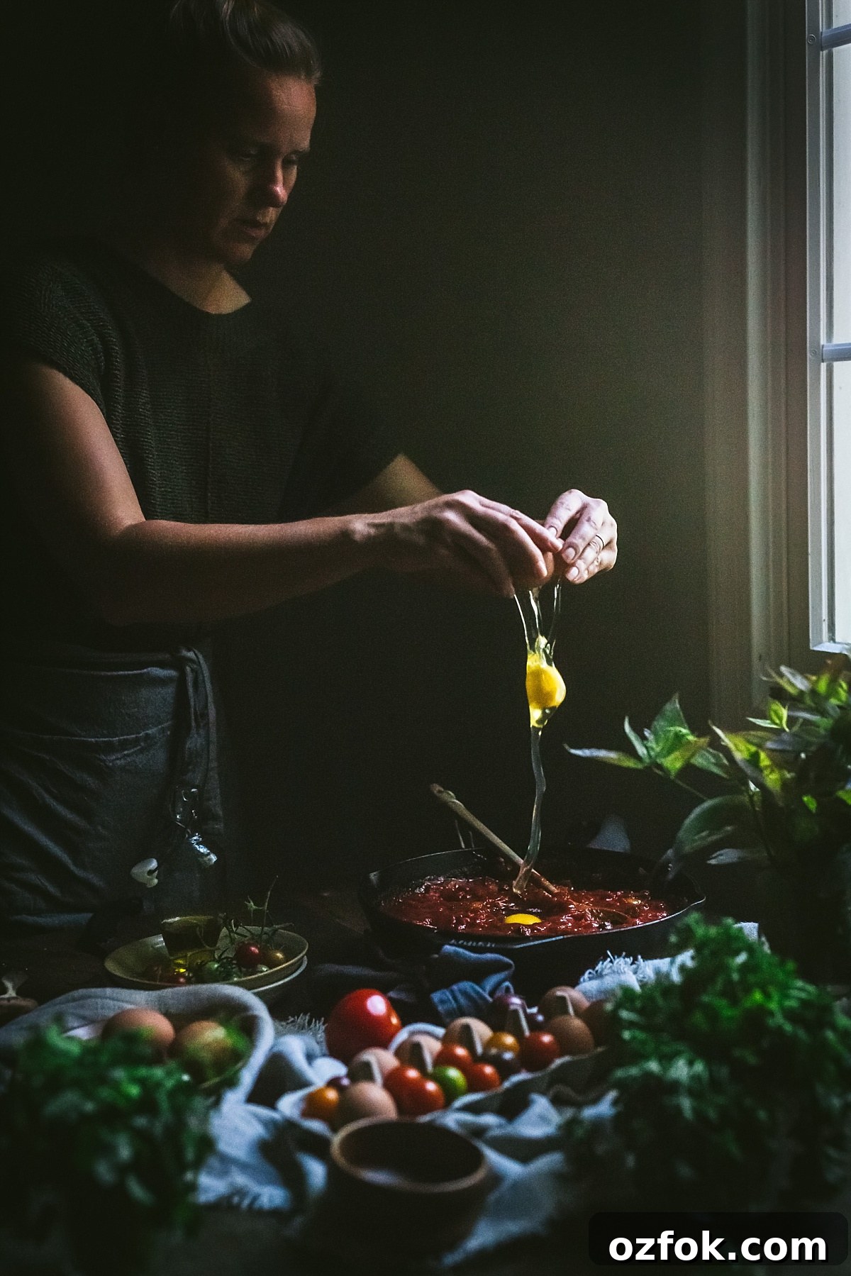 dramatic shot of egg dropping into a thick tomato sauce