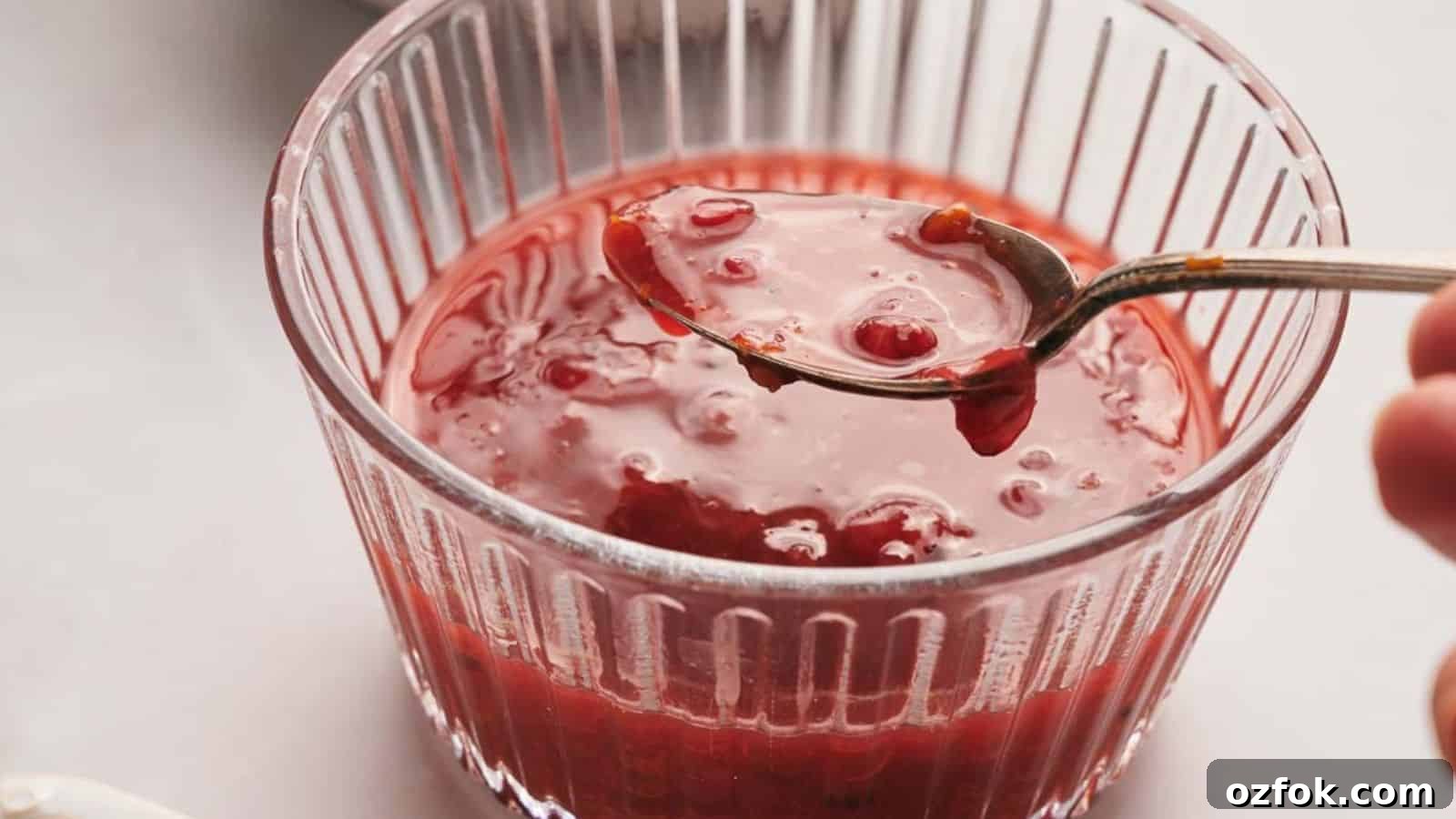 Someone spooning out cranberry sauce from a glass bowl.
