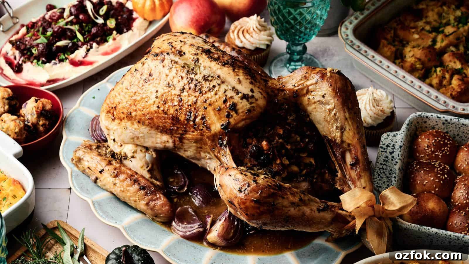 A roasted turkey stuffed with vegetables is served on a platter, surrounded by various side dishes including rolls, salad, and stuffing.