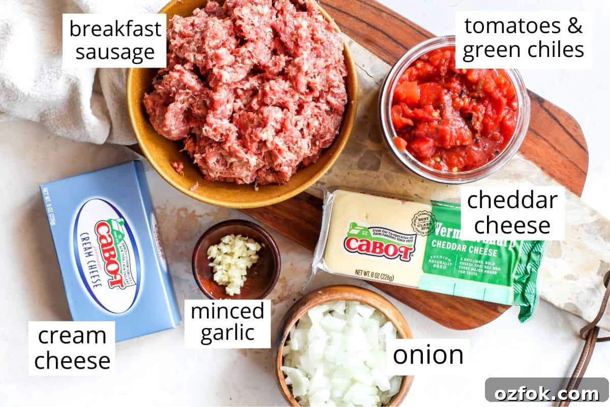 overhead view of the labeled ingredients in this Cream Cheese Sausage Dip recipe