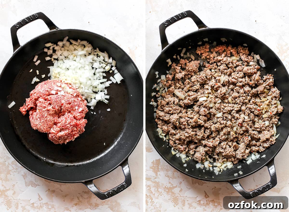 two overhead photos showing how to make sausage dip
