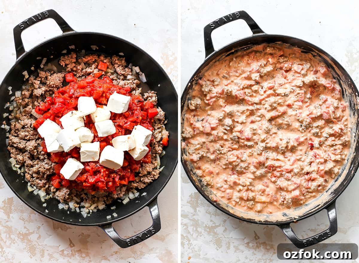 two overhead photos showing how to make Cream Cheese Sausage Dip