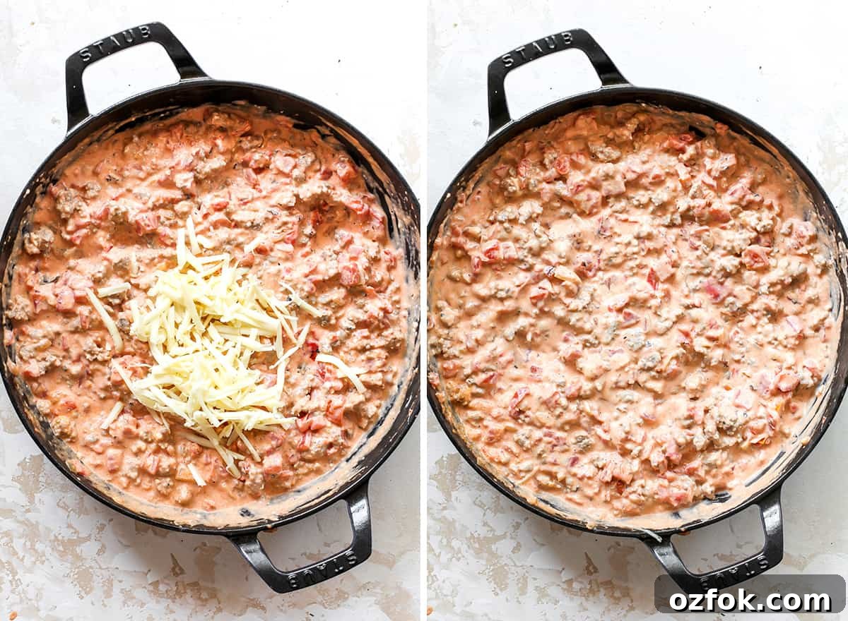 two overhead photos showing how to make Cream Cheese Sausage Dip