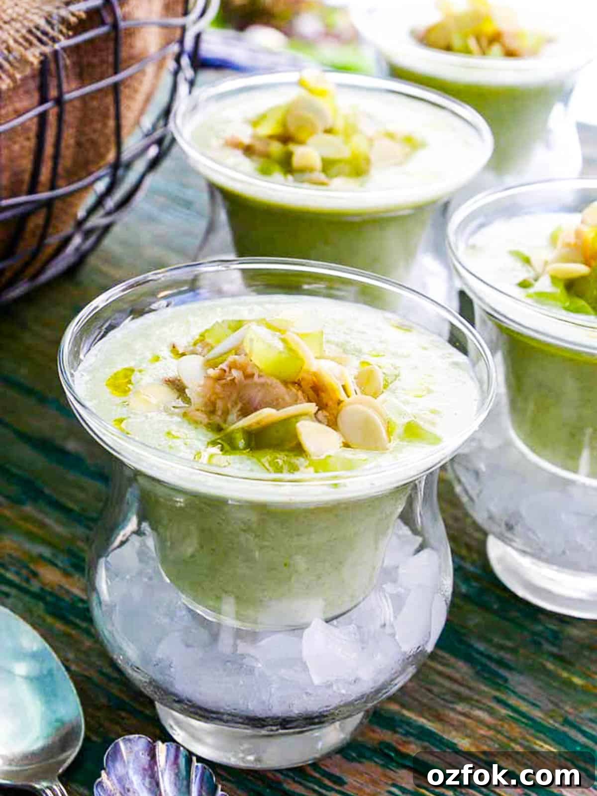 Iced white gazpacho soup on a table