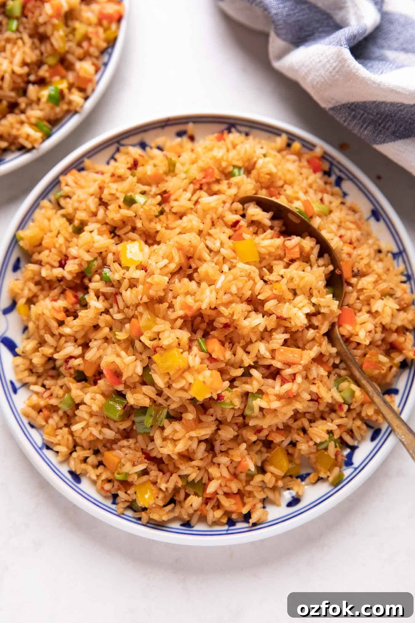 Picture of chilli garlic fried rice served on a white and blue plate