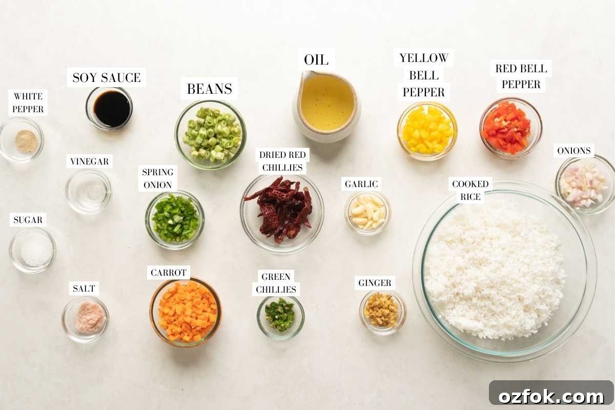Picture of all the ingredients for chilli garlic fried rice with text to identify them