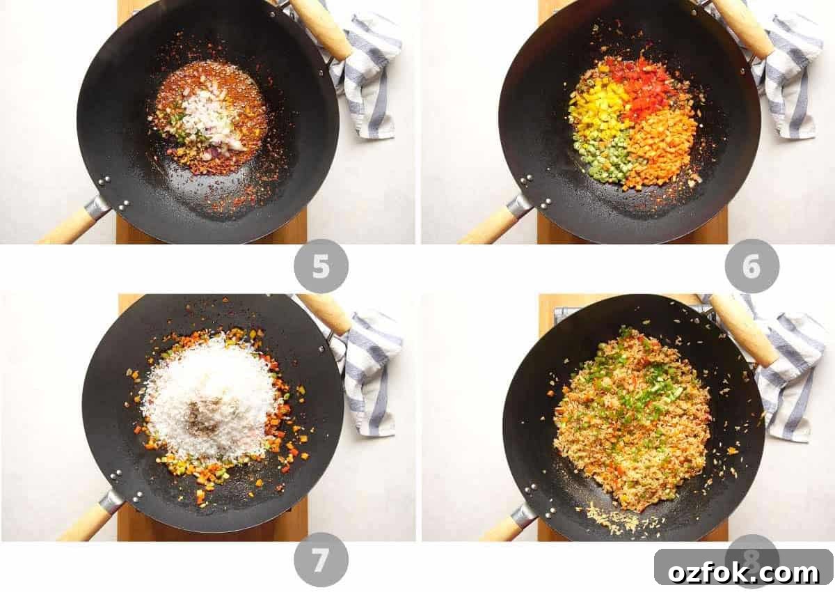 Step by step picture collage showing how to make chilli garlic fried rice