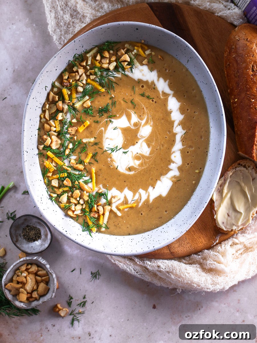 parsnip soup served with baguette.