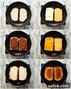 6 step by step photos showing how to make sloppy joe grilled cheese