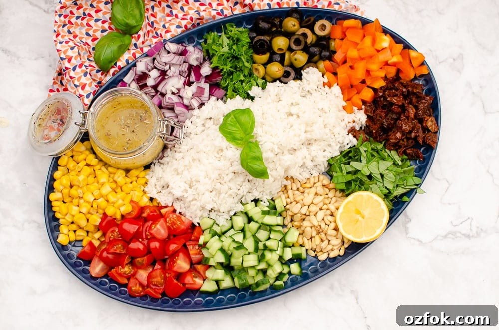 Sweetcorn,pine nuts chopped tomatoes,cucumber, basil, sun dried tomatoes, orange pepper, black and green olives,coriander, red onion,pot of Italian salad dressing and long grain rice in the middle of a large blue platter plate