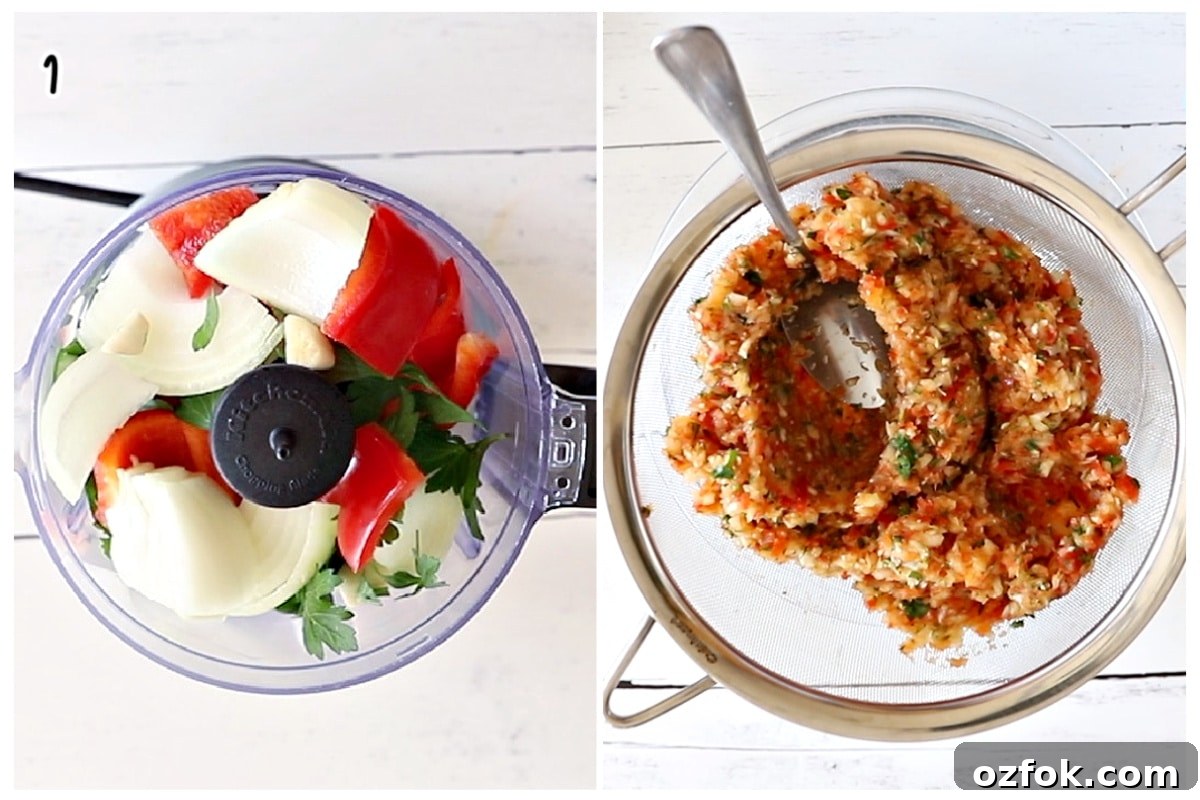 A two photo step by step process image. The left one shows a food processor bowl filled with onion, red bell pepper, garlic cloves, and fresh parsley leaves. The right one shows them after being finely minced, placed inside a metal fine mesh strainer over a bowl.