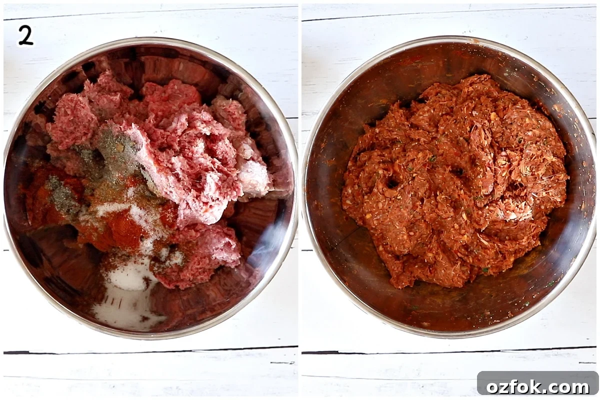 A two photo cooking collage, the left one shows raw ground meat in a large stainless steel mixing bowl, topped with ground spices. The right one shows Adana kebab meat after being thoroughly mixed and kneaded with the spices and minced vegetable.