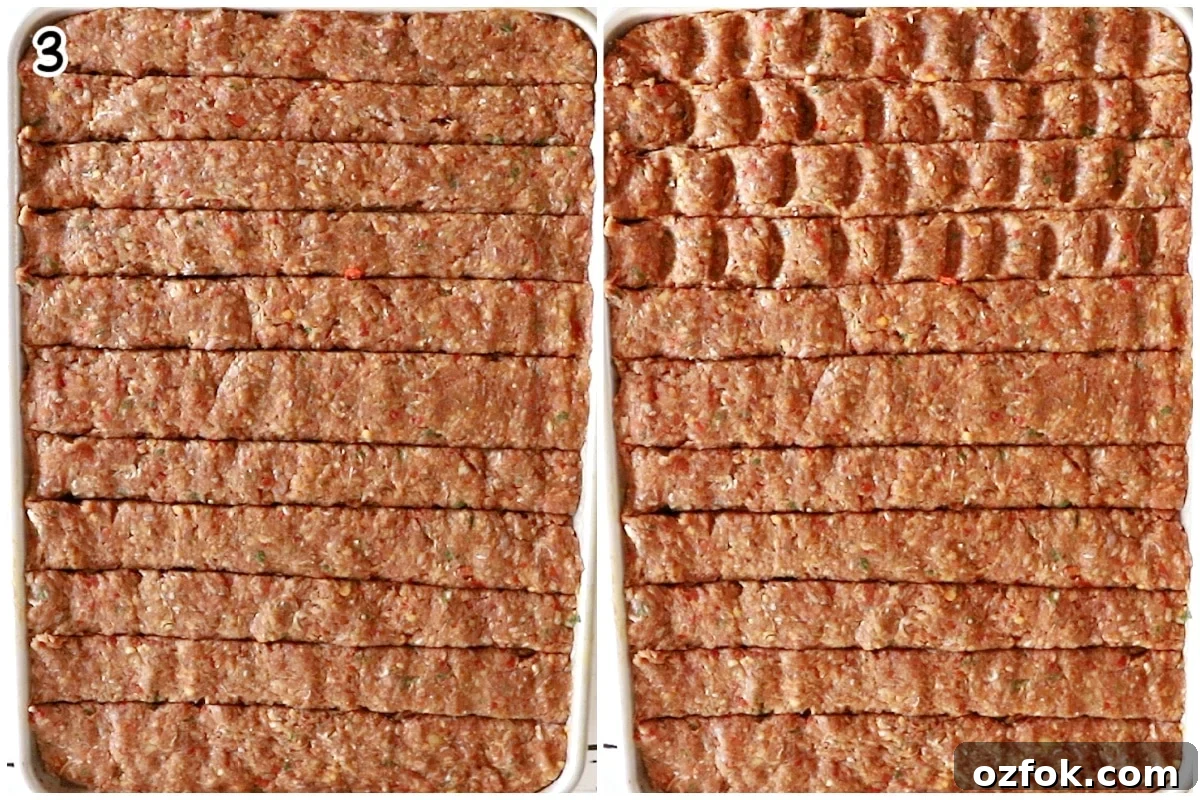 A two photo overhead image showing the kebab shaping process on a large sheet pan. The left one shows the kebab mixture pressed flat into a baking sheet, horizontally scored with deep lines into individual kebab strips. The right one shows wavy indentations pressed vertically across the top to mimic a traditional grilled look.