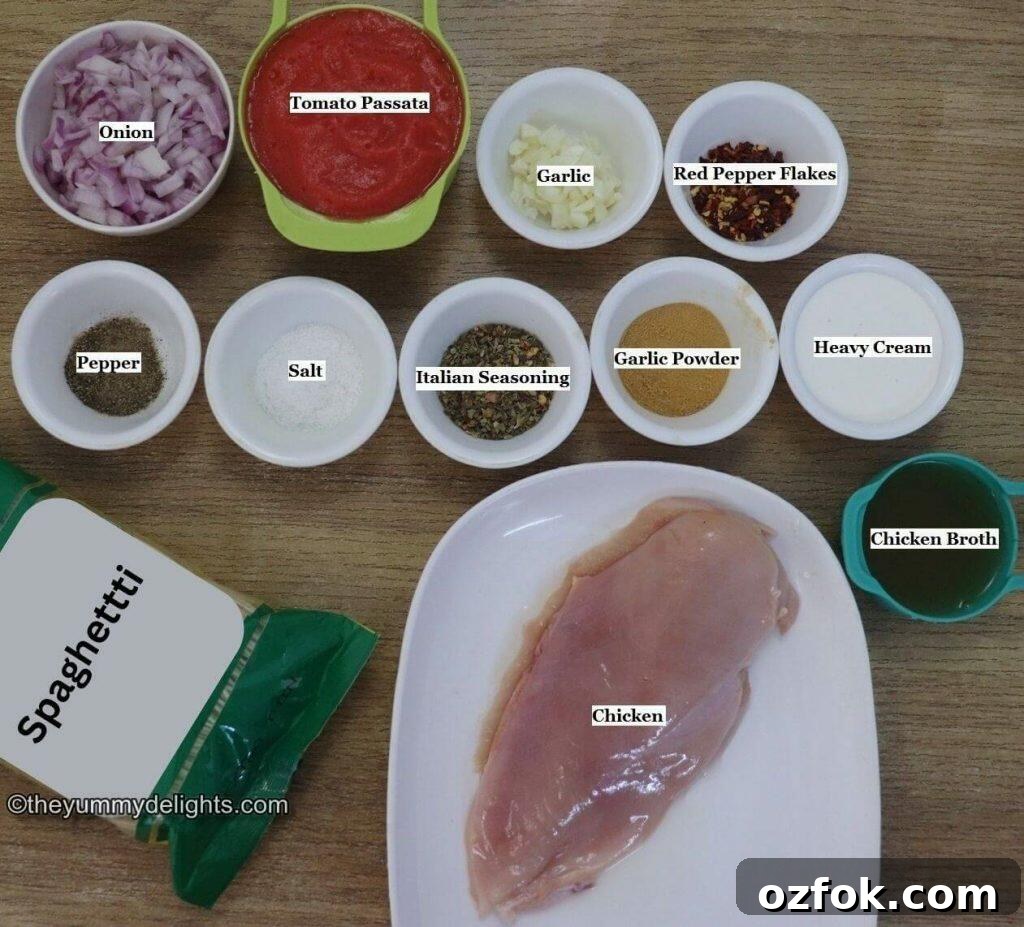 individually labeled ingredients to make spicy chicken spaghetti are laid out on a table.