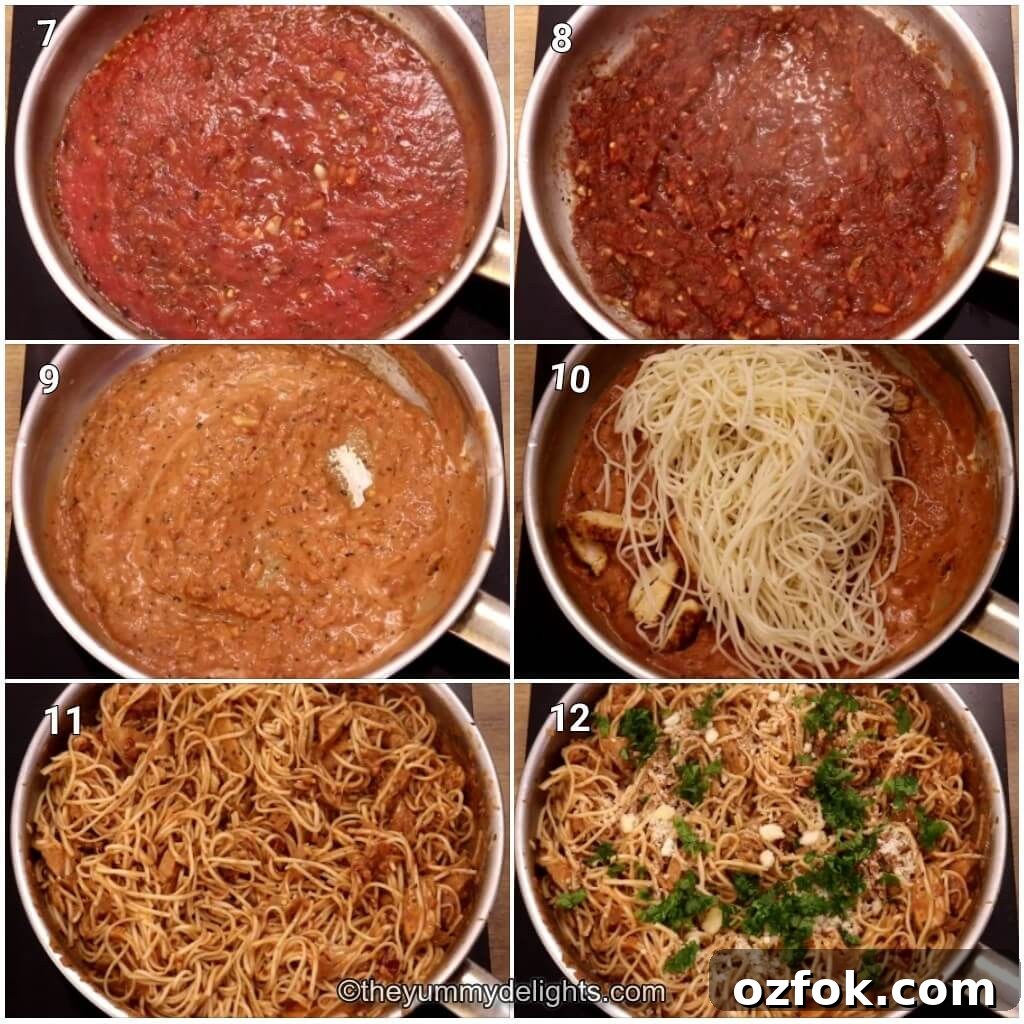 Collage image showing tossing pasta with sauce and chicken.